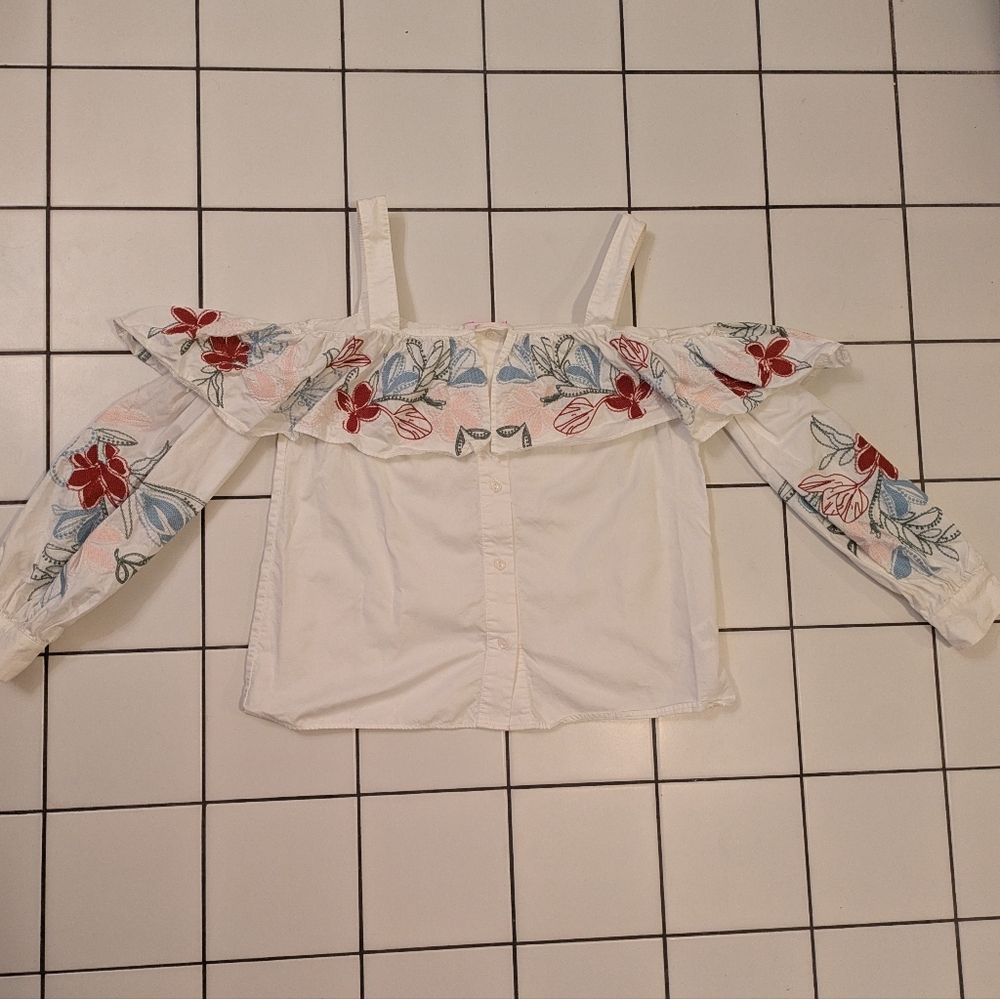 Parker White Cold-Shoulder Embroidered Floral Blouse